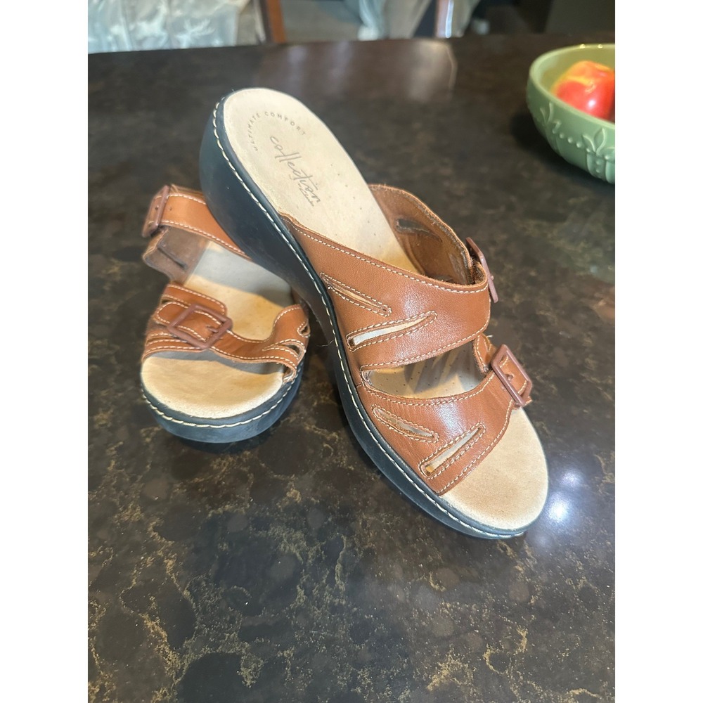 Clarks Collection Tan Brown Leather Buckle Slide Wedge Sandals Womens Comfort